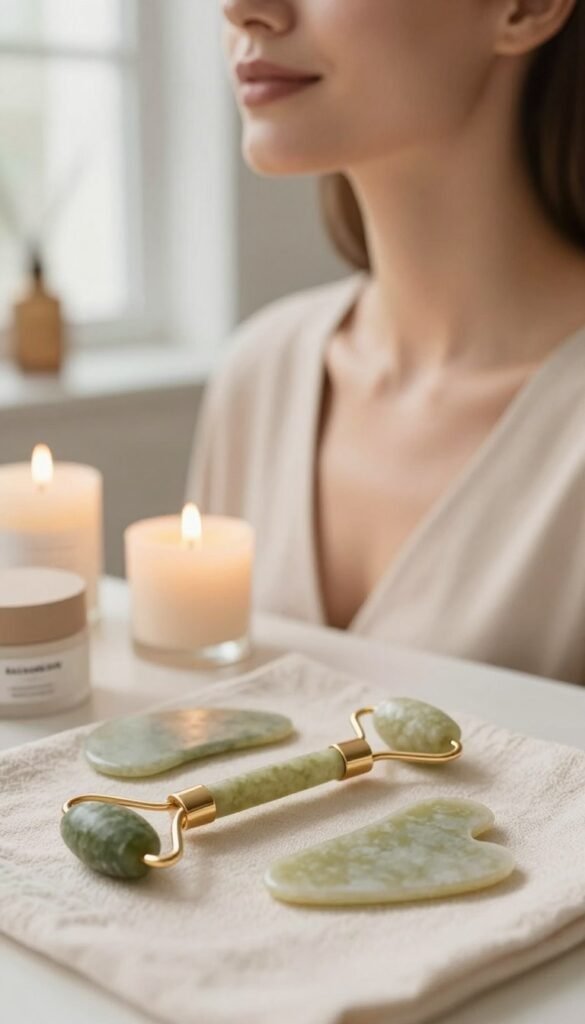 A serene, elegantly styled beauty setup focused on neck and jawline rejuvenation, featuring a close-up of a model in professional attire, highlighting her smooth, defined jawline and toned neck. The foreground displays an array of premium beauty tools, such as a facial roller and a gua sha stone, meticulously arranged on a soft, textured surface. In the middle, subtly blurred, elegant candles provide warmth, while soft natural light filters in from a window, creating an inviting atmosphere. The background hints at a tastefully decorated vanity, echoing a Pinterest aesthetic with warm colors and organic elements. The composition is harmonized, reflecting a natural beauty approach, without any text or branding visible, yet evoking a sense of authenticity. KüchenKiste branding can be subtly integrated into the scene without text, suggesting quality products subtly.