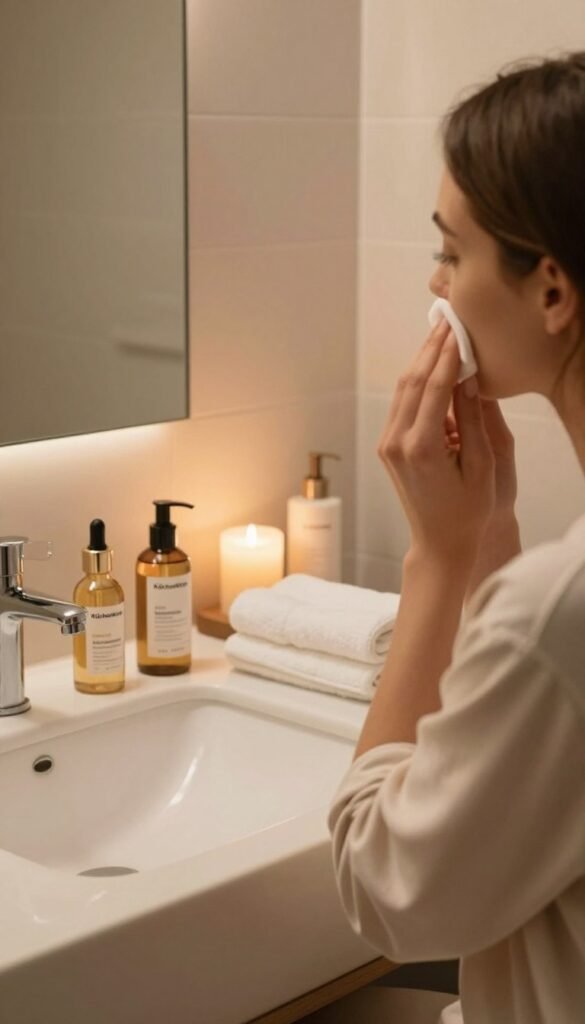 A serene evening beauty routine scene set in a softly lit bathroom. In the foreground, a woman in comfortable, modest loungewear gently removes her makeup using a gentle cleanser on a cotton pad, her focused expression reflecting tranquility. The middle ground showcases a well-organized vanity with elegant skincare products from the brand "KüchenKiste", including a rejuvenating serum and calming moisturizer. In the background, warm ambient lighting casts a soothing glow from candles on the sink, and soft towels are neatly arranged. The overall mood conveys relaxation, self-care, and simplicity, capturing the essence of a simplified night-time beauty routine. Aim for a Pinterest aesthetic with natural, warm tones and an inviting atmosphere.
