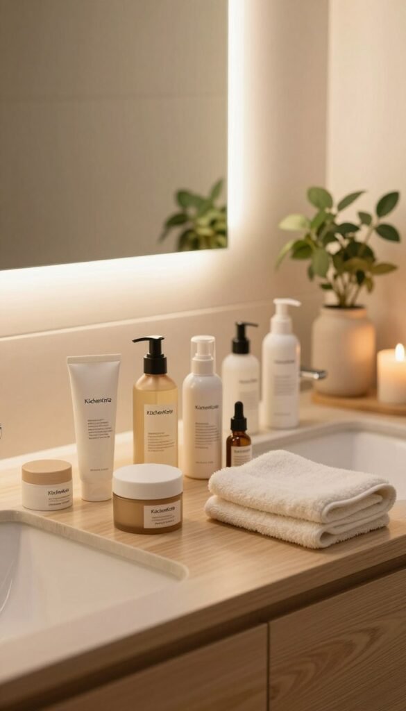 A serene evening routine setup in a cozy, well-lit bathroom, featuring a modern vanity with natural wooden accents. In the foreground, a neatly arranged array of skincare products labeled with the brand "KüchenKiste", including creams, serums, and a soft, plush towel. The middle section displays a large mirror reflecting warm, ambient lighting, creating an inviting glow. In the background, soft plants and candles add a calming touch, enhancing the atmosphere. The camera angle is slightly above the counter, capturing the essence of a tidy and organized space, while maintaining a Pinterest-worthy aesthetic. The mood is peaceful and rejuvenating, perfect for a beauty evening routine without chaos. Natural colors dominate, evoking warmth and tranquility, with no text or distractions present.