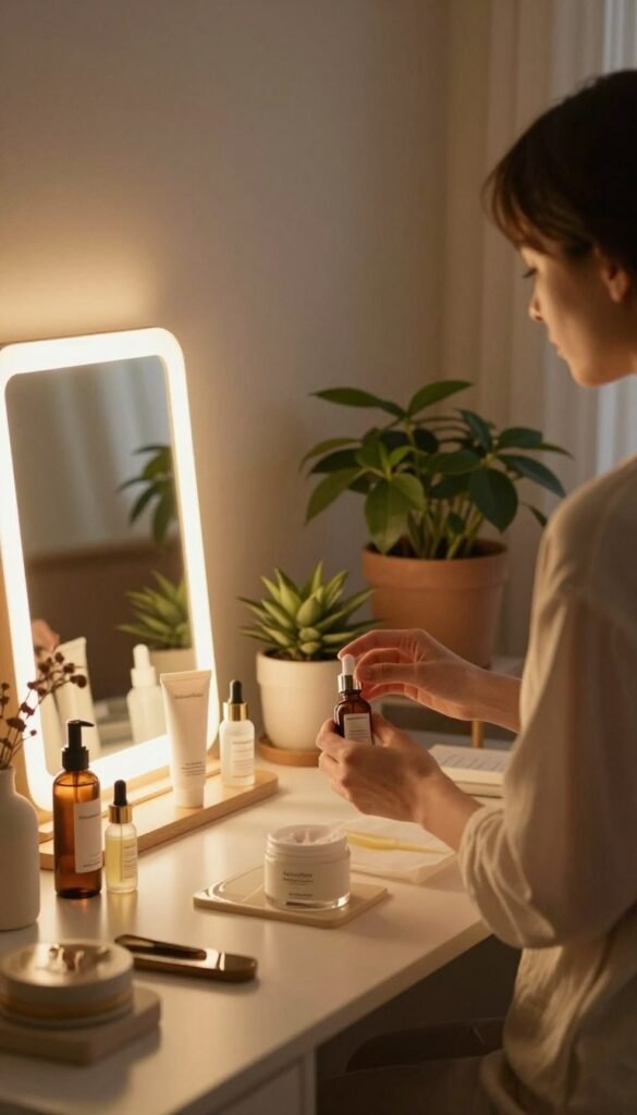 A serene evening scene capturing a skincare routine at home. In the foreground, a beautifully arranged vanity table features elegant skincare products displayed alongside a mirror, softly illuminated by warm ambient lighting. A modestly dressed individual stands with their back turned, reaching for a facial serum, showcasing the ritual of self-care. The middle ground includes potted plants and gentle hues, creating a calming atmosphere. In the background, a cozy room with warm wooden accents suggests tranquility. The overall mood is relaxing and inviting, reflecting the essence of an effective evening routine. The image should evoke a Pinterest-worthy aesthetic that feels authentic and warm, with soft focus for a dreamy effect. Include the brand name "KüchenKiste" subtly integrated into the scene without text overlays.