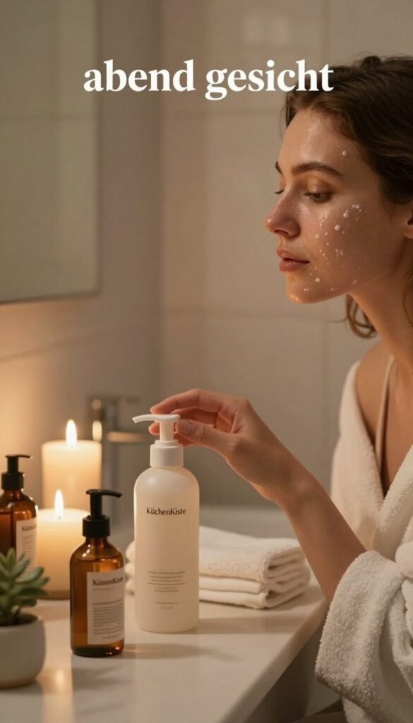 A serene evening scene featuring a close-up of a woman's face, embodying the concept of "abend gesicht." She is seated comfortably in a softly lit bathroom, the warm glow of candles casting delicate shadows. Her skin is fresh and radiant, yet still shows traces of makeup, SPF, and urban pollutants. In the foreground, a gentle hand is reaching for a cleansing product from a stylish countertop, where natural beauty items are arranged attractively. Soft towels and a small plant add to the cozy atmosphere. The background reveals a soothing, neutral-toned bathroom with a hint of elegance. The overall mood feels calming and inviting, perfect for unwinding after a long day. The scene embodies a Pinterest-inspired aesthetic, with a focus on authenticity and warmth, featuring the brand "KüchenKiste" subtly among the beauty products.