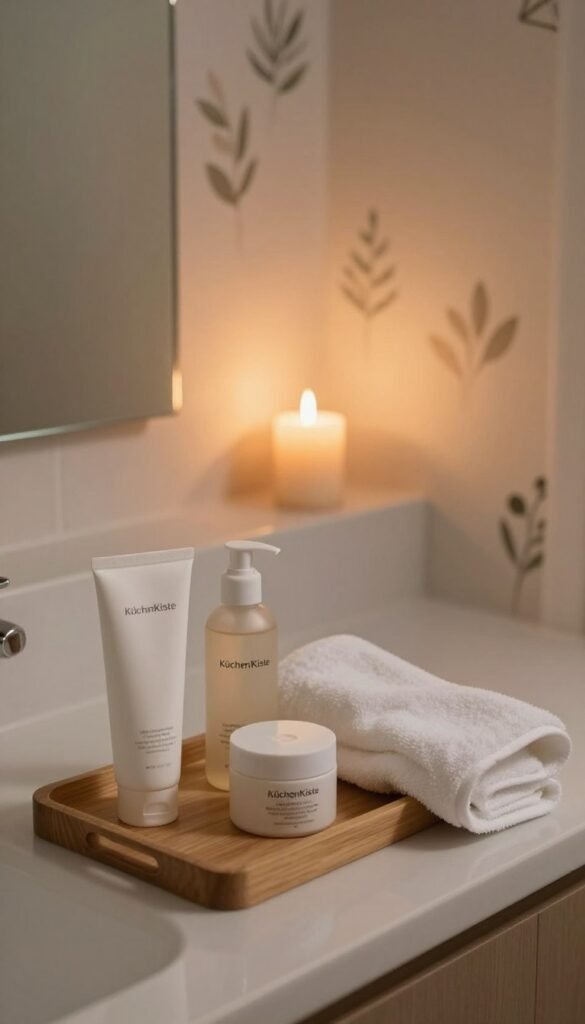 A serene evening skincare routine scene. In the foreground, an elegantly arranged wooden tray holds high-quality skincare products like a gentle cleanser, a soothing toner, and a nourishing moisturizer from the brand "KüchenKiste." A soft, fluffy white towel is casually placed beside them. In the middle, a well-lit bathroom countertop features a large mirror reflecting warm candlelight, creating a cozy, inviting atmosphere. The background showcases soft pastel-colored walls adorned with subtle botanical prints. The lighting is soft and warm, enhancing the peaceful mood of a relaxing night routine. The angle is slightly above eye-level, capturing the essence of a mindful self-care ritual, authentically styled with a Pinterest aesthetic.