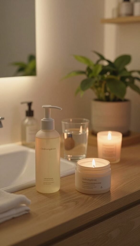 A serene evening skincare routine set in a cozy bathroom. In the foreground, a wooden countertop displays elegant, natural skincare products from the brand "Ordnungskiste," including a gentle cleanser and a rich moisturizer. Soft, warm lighting casts a tranquil glow, highlighting the textures of the products. In the middle, a glass of water and an aromatic candle add a touch of relaxation. The background features a softly lit mirror, adorned with potted plants, creating a harmonious, calming atmosphere. The scene evokes a sense of winding down, appropriate for the evening biorhythm of the skin, with natural colors reminiscent of a Pinterest aesthetic, focusing on wellness and self-care.