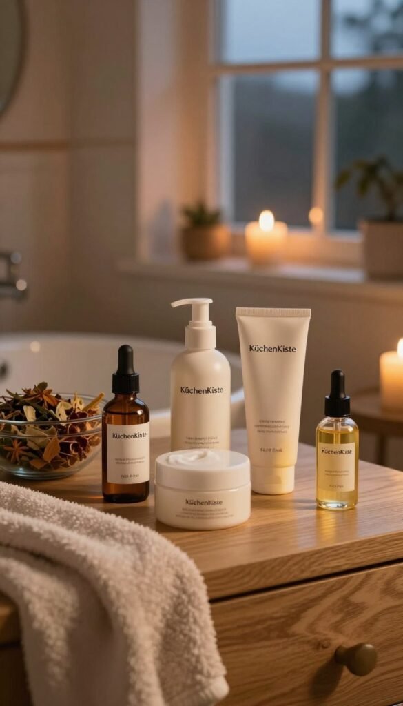 A serene evening skincare routine set in a softly lit, warmly colored bathroom. In the foreground, a wooden vanity with elegantly arranged skincare products from the brand "KüchenKiste", including serums, moisturizers, and a calming facial oil. The middle ground showcases a glass bowl filled with fresh botanicals, hinting at natural ingredients, alongside a plush towel draped over the counter. In the background, a window reveals a twilight scene, with gentle candlelight casting soft shadows, enhancing the soothing atmosphere. The lighting is warm and inviting, creating a comfortable and nurturing environment. The composition evokes a feeling of relaxation and self-care, emphasizing the importance of evening skincare rituals for skin regeneration.