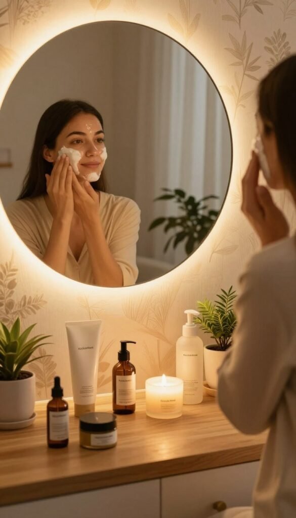 A serene evening skincare routine setup in a softly lit bathroom. In the foreground, a wooden countertop displays various skincare products like cleansers, serums, and moisturizers, elegantly arranged. A reflection in a round mirror reveals a person with a gentle expression, dressed in modest loungewear, preparing to cleanse their face. In the middle, a cozy ambiance created by warm, golden lighting highlights the textures of the products and a few potted plants. The background shows a soothing wallpaper with subtle nature patterns, enhancing relaxation. The composition evokes a peaceful, inviting atmosphere, perfect for an evening ritual, incorporating the brand name "KüchenKiste" subtly in the design.