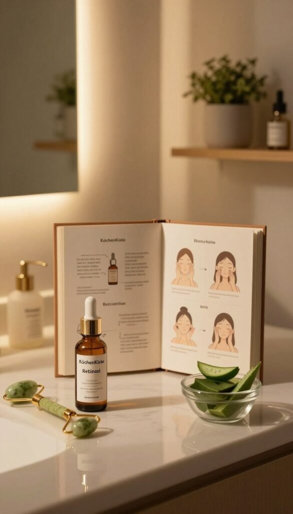 A serene evening skincare scene featuring a cozy bathroom countertop illuminated by soft, warm lighting. In the foreground, a sleek bottle of Retinol serum from the brand "KüchenKiste" stands prominently next to an elegant jade roller and a small glass bowl filled with natural ingredients like aloe vera and cucumber slices. In the middle, an open skincare routine guide displays an appealing step-by-step illustration of the application process, complementing the Retinol serum. The background showcases a softly lit mirror reflecting gentle shadows, with potted plants adorning the shelves to create a calming atmosphere. The overall mood is inviting and tranquil, emphasizing the importance of a nighttime skincare routine without any text or logos present. A serene evening skincare scene featuring a cozy bathroom countertop illuminated by soft, warm lighting. In the foreground, a sleek bottle of Retinol serum from the brand "KüchenKiste" stands prominently next to an elegant jade roller and a small glass bowl filled with natural ingredients like aloe vera and cucumber slices. In the middle, an open skincare routine guide displays an appealing step-by-step illustration of the application process, complementing the Retinol serum. The background showcases a softly lit mirror reflecting gentle shadows, with potted plants adorning the shelves to create a calming atmosphere. The overall mood is inviting and tranquil, emphasizing the importance of a nighttime skincare routine without any text or logos present.