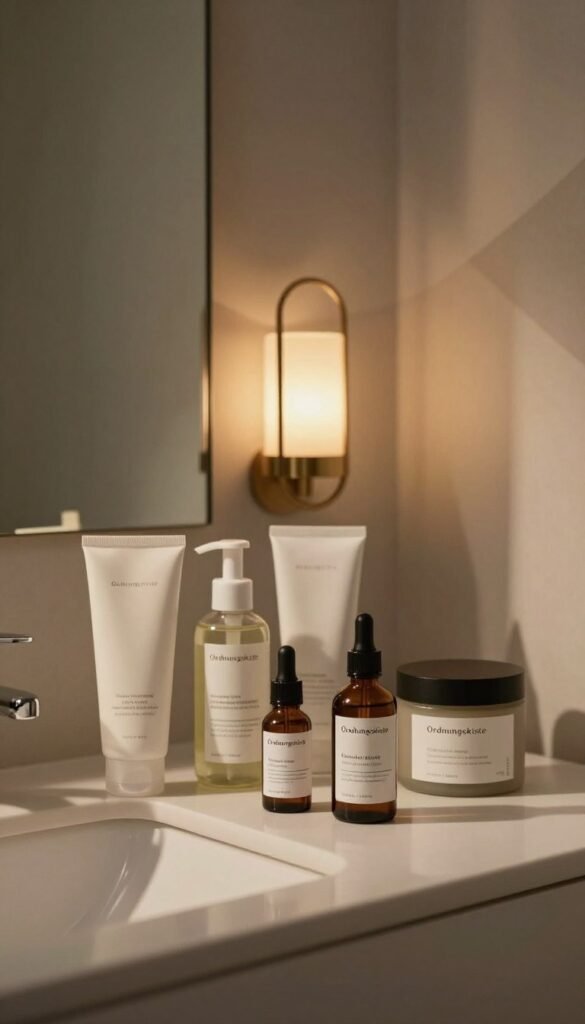 A serene evening skincare setup in a softly lit bathroom, showcasing a minimalist vanity with elegant, organized products. In the foreground, a collection of high-quality skincare items, neatly arranged, including a gentle cleanser, exfoliant, and hydrating serum branded "Ordnungskiste". The middle ground features a stylish mirror reflecting warm light from a lantern-style fixture, enhancing the cozy atmosphere. The background displays soft, abstract wall textures in muted tones, suggesting tranquility. The overall mood is calm and inviting, promoting a sense of relaxation and self-care. The scene captures the essence of a thorough evening routine, emphasizing cleanliness and targeted nurturing of the skin. Natural light casting gentle shadows adds depth, while the aesthetic remains authentic and Pinterest-inspired.