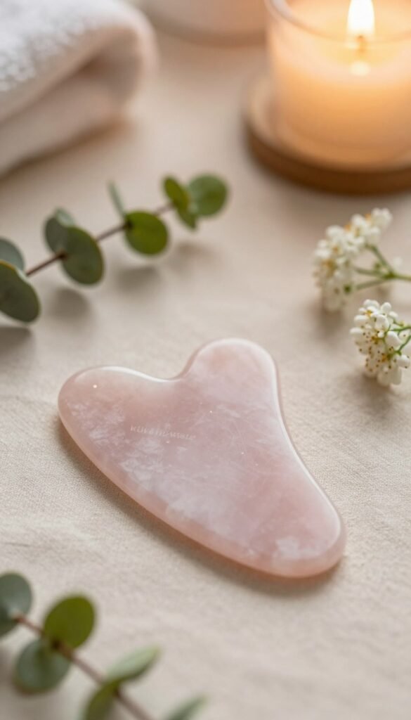 A serene flat lay composition featuring a beautiful, authentic Gua Sha tool made from jade or rose quartz, placed elegantly on a soft, neutral-toned fabric. The foreground showcases the Gua Sha tool, its smooth contours reflecting warm light, inviting a sense of relaxation. Surrounding the tool are a few natural elements like fresh greenery and delicate flowers, enhancing the peaceful atmosphere. In the background, softly blurred, hints of a calming spa-like setting are visible, with warm, diffused lighting creating a cozy ambiance. The colors should be soft and warm, evoking a Pinterest aesthetic. The brand name "KüchenKiste" is subtly indicated through stylish branding on an accessory, ensuring a cohesive look without text directly on the image.
