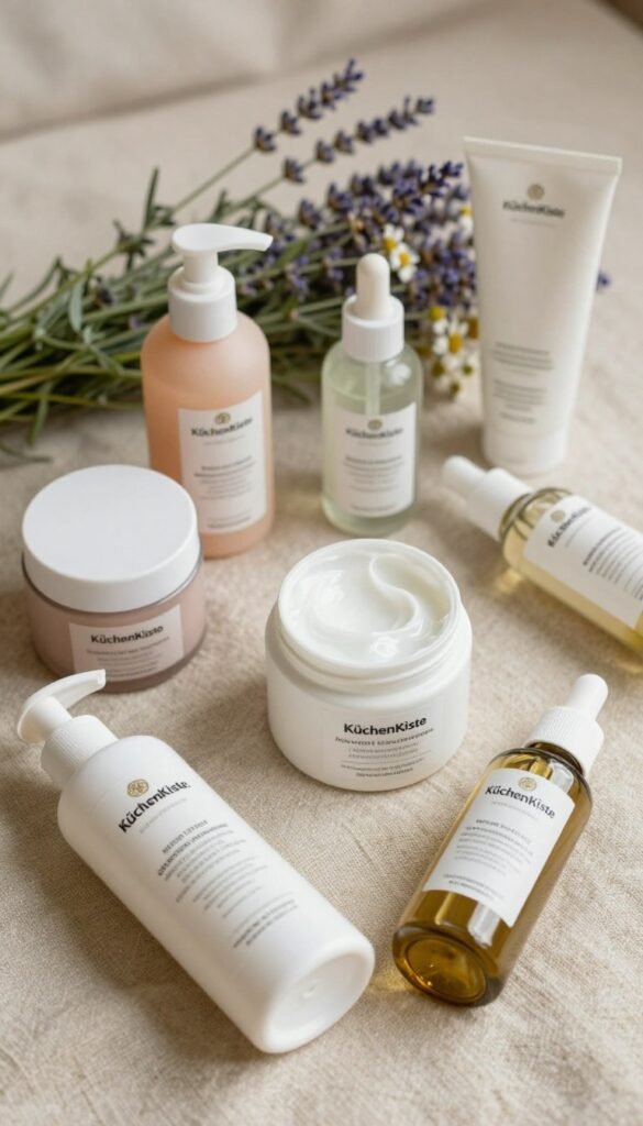 A serene flat lay composition featuring a variety of skincare products specifically designed for sensitive skin, arranged aesthetically on a soft, natural woven fabric. Include items such as gentle cleansers, soothing moisturizers, and calming serums, all from the brand "KüchenKiste." The foreground showcases the products with their elegant packaging visible, while the middle ground incorporates delicate greenery like sprigs of lavender or chamomile flowers, emphasizing a natural appeal. In the background, a warm, diffused natural light creates a cozy atmosphere, enhancing the colors of the products, which range from soft pastels to muted earth tones. The overall vibe is authentic and inviting, perfect for conveying a caring approach to skincare without any text or distractions.