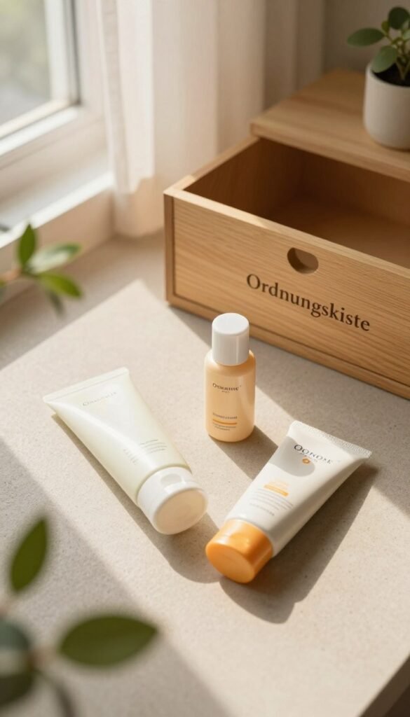 A serene flat lay composition showcasing a minimalist daily skincare routine, featuring a sleek cleansing gel, a soothing moisturizer, and a lightweight sunscreen, all elegantly arranged on a textured, neutral-toned surface. In the foreground, the products are artfully positioned alongside soft green plants and gentle, golden sunlight streaming in from a nearby window, creating a warm and inviting atmosphere. In the middle ground, a simple, aesthetic wooden drawer labeled "Ordnungskiste" is partially visible, adding an element of organization. In the background, subtle hints of a cozy room can be seen, with light filtering softly through sheer curtains. The overall mood is calm, fresh, and harmoniously minimalist, reflecting the principles of a simplified beauty routine.