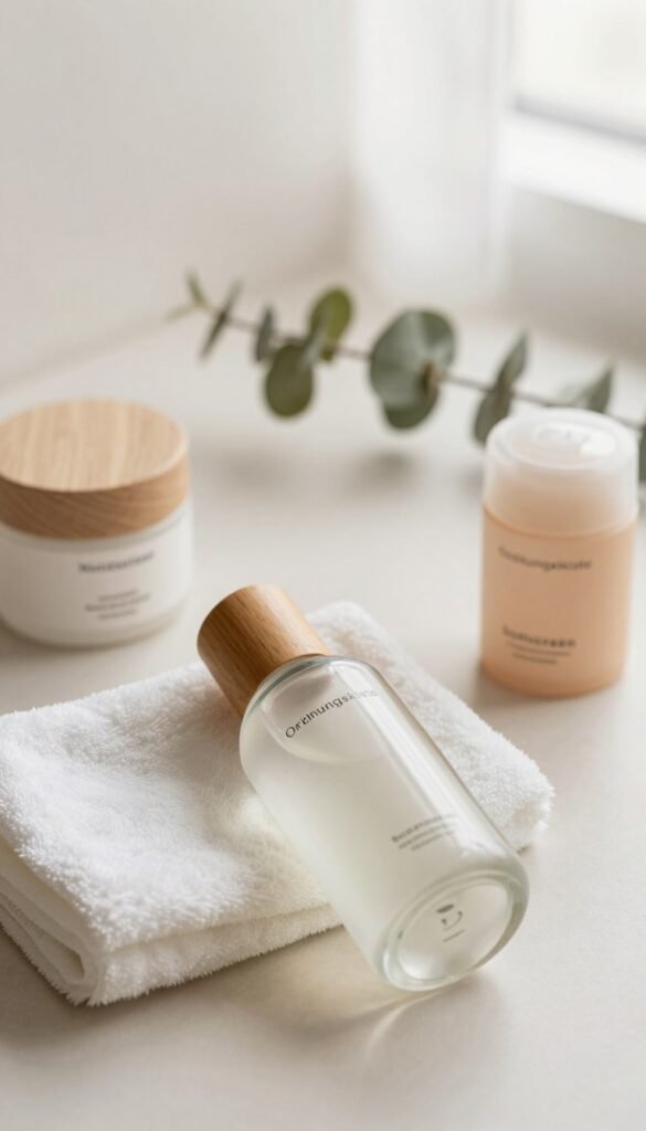 A serene flat lay composition showcasing a minimalistic skincare routine focused on cleansing. In the foreground, a clear glass cleansing gel bottle with a sleek design and a natural wooden cap sits beside a soft white washcloth. Surrounding these are small, elegant containers labeled "Moisturizer" and "Sunscreen," all featuring warm, muted tones. The middle background includes a gentle, blurred plant, adding an organic touch, while a light, diffused glow illuminates the scene to create a cozy atmosphere. The overall mood is calm and inviting, with a Pinterest-inspired aesthetic. Include a subtle touch of branding with the name "Ordnungskiste" elegantly represented on the product labels.