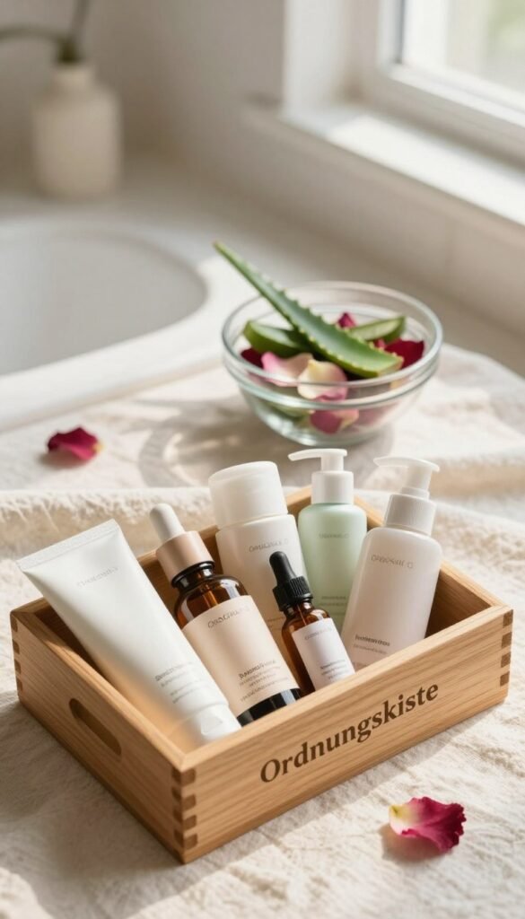 A serene flat lay image featuring various skincare products artfully arranged on a soft cream linen fabric. In the foreground, a wooden box labeled “Ordnungskiste” contains neatly organized skincare essentials such as moisturizers, serums, and a gentle cleanser. The middle ground showcases a delicate glass bowl filled with natural ingredients like aloe vera and rose petals, emphasizing a holistic approach to skincare. The background is softly blurred, hinting at a cozy, softly lit bathroom setting with warm, inviting tones. Gentle sunlight filters through a nearby window, creating an uplifting and calming atmosphere. The focus is on simplicity and authenticity, ideal for illustrating the overwhelm that beginners might face in their skincare journey.