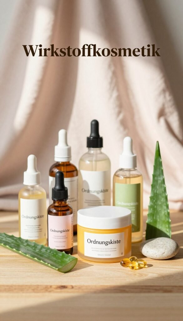 A serene flat lay of skincare products centered around the theme of "Wirkstoffkosmetik," elegantly arranged on a wooden surface. In the foreground, showcase various aesthetically pleasing skincare bottles and jars with labels from the brand "Ordnungskiste," highlighting vibrant colors and textures. Introduce natural ingredients like aloe vera leaves, vitamin E capsules, and small pebbles, creating a sense of organic authenticity. In the middle ground, soft, warm natural lighting filters through, casting gentle shadows that enhance the soothing ambiance. The background should feature a blurred, pastel-toned linen or a blush-colored textile, suggesting a cozy and inviting skincare routine atmosphere. The overall mood is calm and rejuvenating, promoting a sense of wellness and trust in effective, science-based skincare.