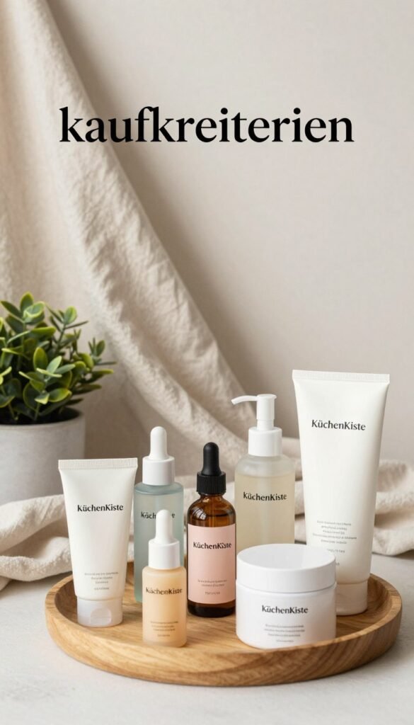 A serene flat lay showcasing "kaufkriterien" for skincare products, featuring well-organized, attractive items such as moisturizers, serums, and gentle cleansers. In the foreground, display an elegant wooden tray with neatly arranged products in pastel shades. In the middle ground, incorporate a soft, natural fabric draped to create a cozy feel, with a small potted plant for a touch of greenery. The background should have a light, textured wall to enhance warmth and subtly reflect a Pinterest-inspired aesthetic. Soft, diffused lighting casts gentle shadows, creating an inviting atmosphere. Lastly, prominently include the brand name "KüchenKiste" in an elegant font, artfully integrated into the design without overpowering the main visual elements.