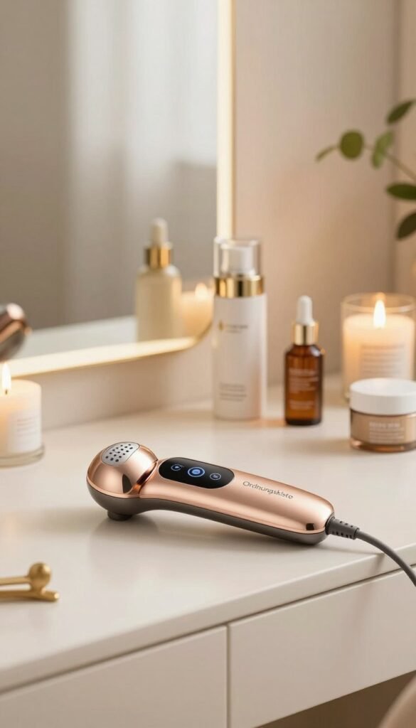 A serene home beauty setting featuring an "Ordnungskiste" ultrasonic and radiofrequency device prominently displayed on a clean, elegant vanity. In the foreground, the device is sleek and modern, showcasing its user-friendly interface and aesthetic appeal with warm colors. The middle ground presents elegant beauty products, such as serums and creams neatly arranged alongside the device, emphasizing the beauty tool's purpose for self-care. In the background, soft, diffused lighting creates a cozy atmosphere, complemented by calming decorative elements like candles and a plant. The overall mood is inviting and tranquil, capturing the essence of a luxurious at-home beauty routine. No text or human subjects included.