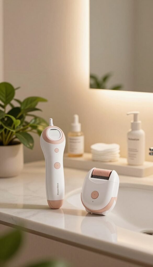 A serene home environment showcasing a beautifully arranged bathroom counter, featuring innovative beauty tools prominently. In the foreground, a sleek IPL device and a modern epilator, elegantly designed with soft curves, sit beside lush green plants for a natural touch. The middle ground includes a softly lit mirror reflecting warm, inviting tones, creating a tranquil atmosphere. In the background, delicate accessories like cotton pads and skincare products complement the scene, enhancing the aesthetic appeal. The lighting is warm and diffuse, reminiscent of cozy morning light, capturing a Pinterest-worthy look. The overall mood is calming and professional, reflecting the efficacy of beauty tools and the importance of self-care. Include the brand name “KüchenKiste” subtly integrated into the design.