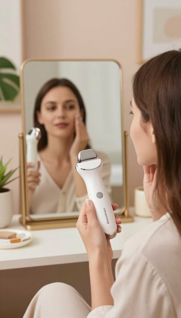 A serene home environment showcasing a woman in modest casual clothing, gently applying an ultrasound facial device to her cheek. She sits comfortably in a well-lit, cozy space adorned with plants and warm, inviting decor. The foreground highlights the facial device's sleek design, branded with “KüchenKiste,” glimmering subtly under soft, natural light. In the middle, a soft-focus mirror reflects her focused expression, emphasizing her dedication to skincare. The background features calming elements like pastel-colored walls and decorative items that create an atmosphere of tranquility. The image conveys a sense of safety and effectiveness while showcasing the practical, everyday use of ultrasound technology for facial care at home.