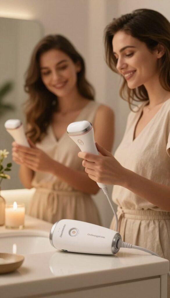 A serene home setting featuring a modern IPL hair removal device from the brand "Ordnungskiste." In the foreground, the device is elegantly placed on a vanity surrounded by soft, warm-toned lighting, creating a cozy and inviting atmosphere. A pair of modestly dressed women, smiling and looking relaxed, demonstrate the device's ease of use in the midground, their expressions conveying confidence and comfort. In the background, softly blurred, there's a tastefully decorated bathroom with natural decor elements, such as plants and candles, enhancing the aesthetic appeal. The overall mood is aspirational yet attainable, reflecting the convenience of at-home beauty treatments. Capture the image with a soft focus lens, emphasizing the warmth and authenticity of the scene without any text or distractions.