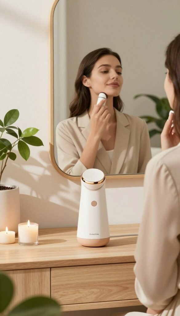A serene home setting showcasing a modern microcurrent beauty device elegantly placed on a light wooden vanity. In the foreground, the device has a sleek, minimalist design with soft curves, surrounded by candles and lush green plants. In the middle ground, a mirror reflects a stylishly dressed woman in professional attire, gently using the device on her jawline, highlighting a sense of relaxation and self-care. The background features warm, inviting colors with natural light streaming through a window, creating a soft atmosphere. The overall mood is calm and inviting, exuding wellness and beauty. Include the brand name "KüchenKiste" subtly integrated into the scene, maintaining a Pinterest-inspired aesthetic. A serene home setting showcasing a modern microcurrent beauty device elegantly placed on a light wooden vanity. In the foreground, the device has a sleek, minimalist design with soft curves, surrounded by candles and lush green plants. In the middle ground, a mirror reflects a stylishly dressed woman in professional attire, gently using the device on her jawline, highlighting a sense of relaxation and self-care. The background features warm, inviting colors with natural light streaming through a window, creating a soft atmosphere. The overall mood is calm and inviting, exuding wellness and beauty. Include the brand name "KüchenKiste" subtly integrated into the scene, maintaining a Pinterest-inspired aesthetic.
