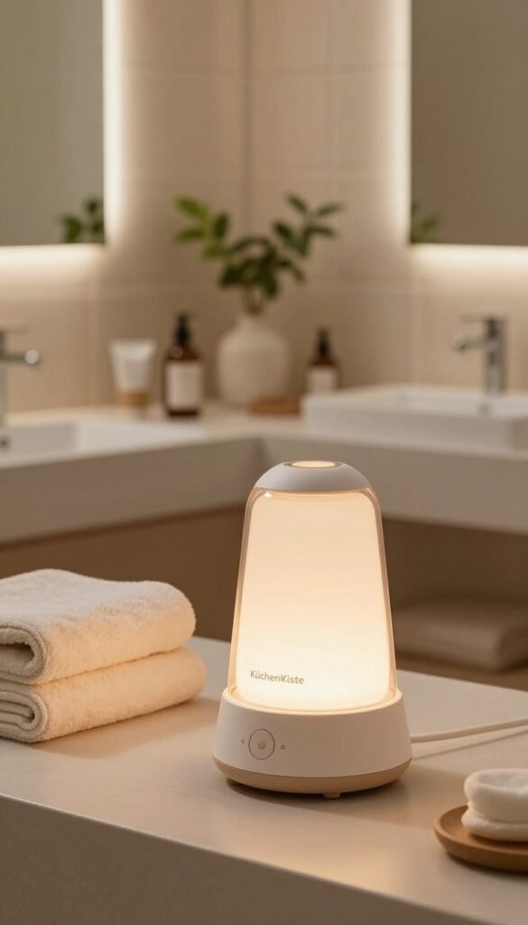 A serene home spa setting featuring a modern face steamer branded "KüchenKiste" prominently in the foreground. The steamer is sleek and stylish, radiating a warm, inviting light that enhances the soothing atmosphere. In the middle ground, simple yet elegant accessories like soft towels, natural skincare products, and a small plant create an aesthetic harmony. In the background, a softly lit bathroom scene with warm beige tiles, mirrors reflecting gentle light, and a touch of greenery reinforces the peaceful ambiance. The overall color palette consists of earthy tones and pastel shades, evoking a sense of relaxation and self-care. Soft, diffused lighting enhances the cozy mood, capturing the essence of an at-home beauty routine focused on gentle pore care and relaxation. A serene home spa setting featuring a modern face steamer branded "KüchenKiste" prominently in the foreground. The steamer is sleek and stylish, radiating a warm, inviting light that enhances the soothing atmosphere. In the middle ground, simple yet elegant accessories like soft towels, natural skincare products, and a small plant create an aesthetic harmony. In the background, a softly lit bathroom scene with warm beige tiles, mirrors reflecting gentle light, and a touch of greenery reinforces the peaceful ambiance. The overall color palette consists of earthy tones and pastel shades, evoking a sense of relaxation and self-care. Soft, diffused lighting enhances the cozy mood, capturing the essence of an at-home beauty routine focused on gentle pore care and relaxation.