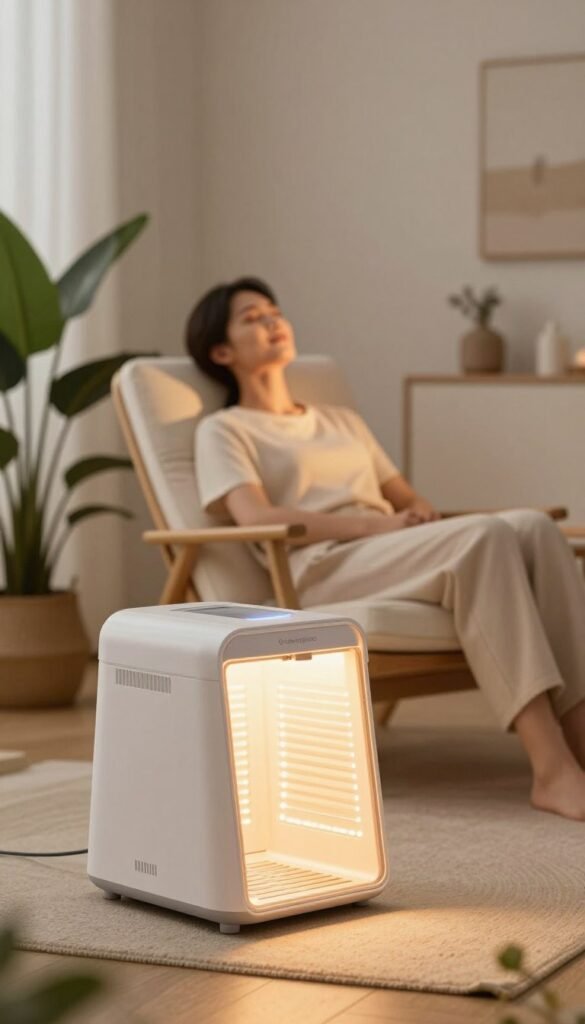 A serene home spa setting featuring a sleek, modern LED light therapy device by Ordnungskiste positioned prominently in the foreground. The device emits a soft, warm glow that illuminates a clear, calm space adorned with natural elements like potted plants and soft textiles. In the middle ground, a person, dressed in modest casual clothing, sits comfortably in a cozy chair, basking in the gentle light, showcasing an expression of relaxation and rejuvenation. The background is softly blurred, giving a sense of tranquility with light-colored walls and minimalistic decor that exudes a Pinterest-like aesthetic. The lighting is warm and inviting, creating a soothing atmosphere that communicates wellness and beauty. The focus is on the therapy process, illustrating the benefits of at-home LED light therapy for glow, acne treatment, and skin tone enhancement.