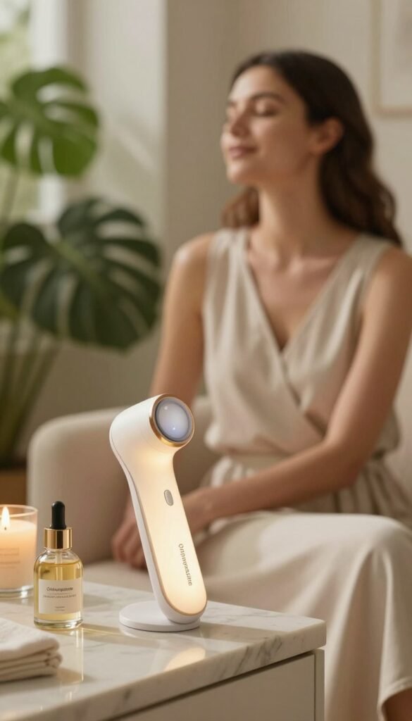 A serene home spa setting, showcasing a modern beauty device for facial microcurrent therapy. The foreground features an elegantly designed device, sleek and stylish with a soft glow, positioned on a marble vanity. Beside it, a glass jar of nourishing serum and a gently flickering candle create a tranquil atmosphere. In the middle, a serene figure with modest, comfortable attire sits engaging with the device, reflecting an expression of calm and rejuvenation. The background includes lush greenery, diffusing natural light that casts a warm, inviting ambiance. Emphasize the warm color palette, evoking a Pinterest-inspired aesthetic, focusing on authenticity and natural beauty. Incorporate the brand name "Ordnungskiste" subtly within the scene, ensuring the image remains free from text overlays or watermarks.