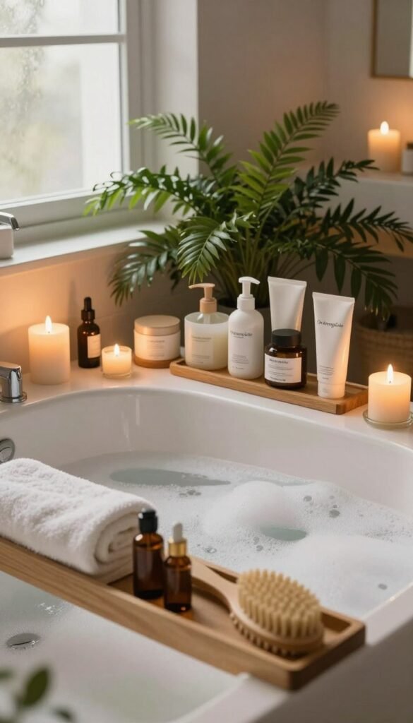 A serene home spa setup in a beautifully designed bathroom, featuring a plush bathtub filled with bubbles and surrounded by candles casting a warm glow. In the foreground, place a wooden tray with a soft towel, essential oils, and a natural bath brush. In the middle, showcase lush green plants and neatly organized beauty products in stylish containers, specifically highlighting the brand "Ordnungskiste". The background includes soft, warm lighting filtering through a frosted window, creating an atmosphere of relaxation. Use a slight overhead angle to capture the inviting space, ensuring the overall mood is peaceful and rejuvenating, perfect for a beauty retreat at home.