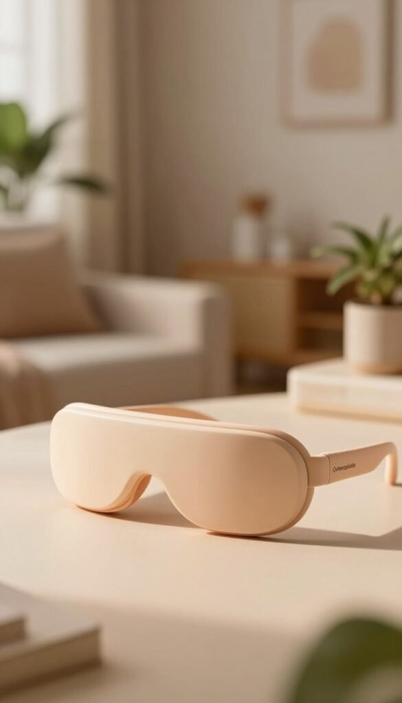 A serene image featuring a pair of Augenmassage-brille (eye massage glasses) designed by Ordnungskiste, elegantly displayed in the foreground. The glasses should showcase a sleek, modern design with soft, warm colors and gentle curves that suggest comfort and relaxation. In the middle ground, include a softly blurred background of a cozy, well-lit room, adorned with plants and calming decor that enhances the soothing atmosphere. The lighting should be warm and inviting, casting gentle shadows that accentuate the features of the glasses. Capture the essence of warmth, compression, and vibration, evoking a sense of tranquility and relief from fatigue. Aim for a Pinterest-inspired aesthetic, ensuring the scene feels authentic and inviting, with no text or distractions present.