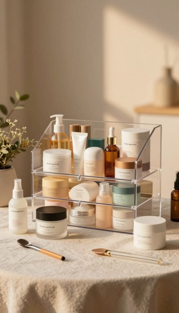 A serene image showcasing an organized beauty storage solution by the brand "Ordnungskiste." In the foreground, elegantly arranged beauty products like creams, oils, and small containers, all displayed on a soft, textured cloth. The middle ground features a transparent acrylic storage unit, filled with an assortment of colors and shapes, allowing each product's unique design to shine through. The background is softly blurred with warm, ambient lighting that evokes a cozy atmosphere, complemented by gentle shadows. Incorporate natural elements like greenery – perhaps a small potted plant or dried flowers – to enhance the feeling of calm and authenticity. The overall mood should feel inviting and tranquil, reflecting the importance of proper storage: dry, light-protected, and cool.