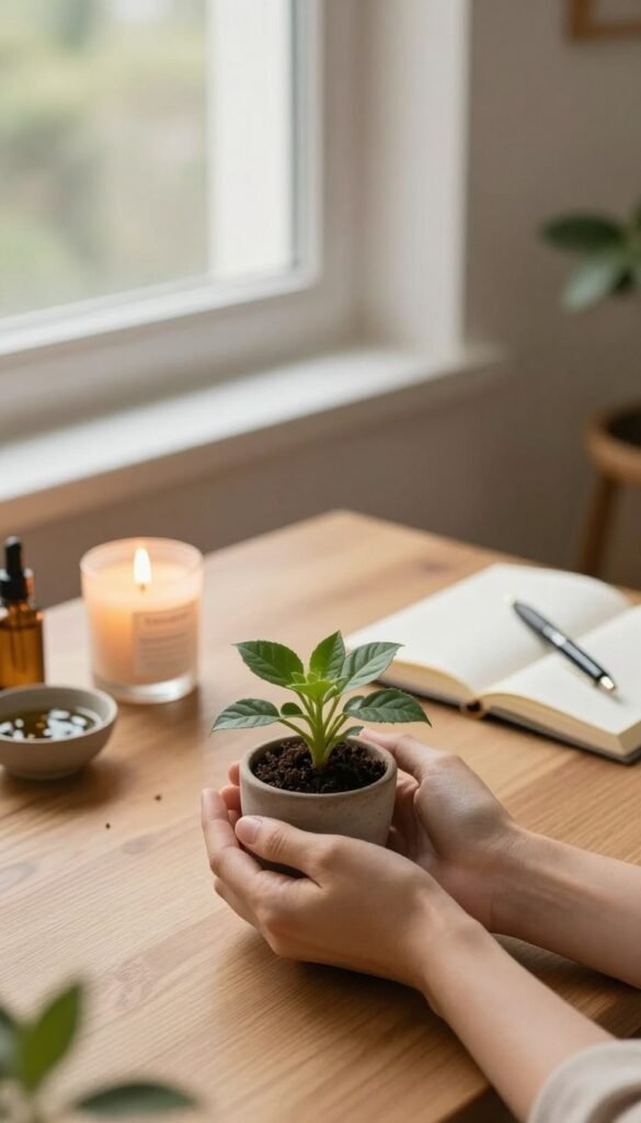 A serene indoor scene capturing the essence of stress relief and skin health awareness. In the foreground, a pair of hands gently cradles a small potted plant, symbolizing nurturing and self-care. In the middle ground, a softly lit wooden table is adorned with calming elements: a lit candle, a small bowl of soothing oils, and an open journal with a pen, inviting reflection. The background features a softly blurred window with gentle sunlight streaming in, creating a warm, inviting atmosphere. The color palette consists of warm earth tones and soft greens to promote tranquility. The overall mood is peaceful and reflective, embodying the principle of reducing stress and understanding skin reactions. No text or logos visible, but subtly incorporating the essence of the brand "KüchenKiste" through the warmth of the setting.