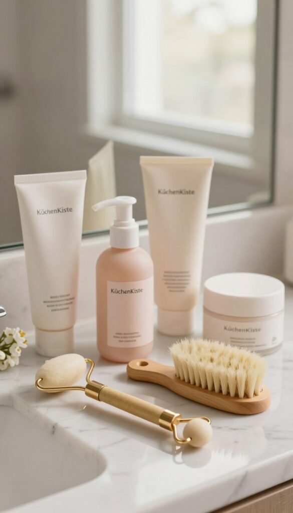 A serene, inviting bathroom scene featuring elegant beauty tools specifically designed for sensitive skin. In the foreground, a gentle facial roller and a soft bristle brush are displayed on a polished marble countertop adorned with delicate flowers. The middle ground showcases a variety of chic, eco-friendly skincare products in minimalist packaging, all from the brand "KüchenKiste." The background is softly blurred, revealing warm, natural light filtering through a frosted window, creating a soothing atmosphere. The color palette consists of soft pastel tones, reinforcing an authentic and calming vibe, ideal for sensitive skin care. The image captures an overall sense of tranquility and wellness, emphasizing the importance of gentle treatment for delicate skin types.