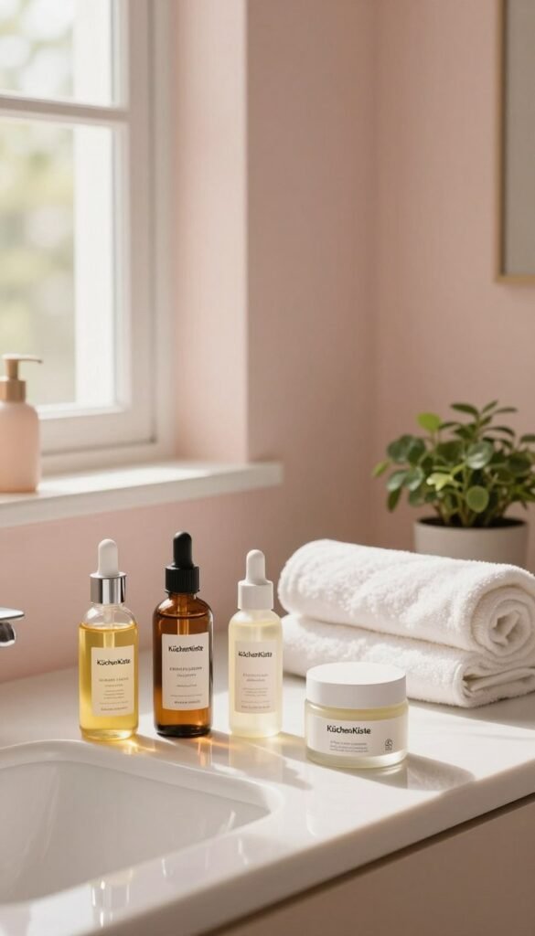 A serene, inviting bathroom scene showcasing a daily skincare routine. In the foreground, a beautifully arranged vanity with elegant skincare products from the brand "KüchenKiste," including oils, creams, and serums in aesthetically pleasing bottles. A soft, warm light filters through a nearby window, creating a natural glow that enhances the scene's authenticity. In the middle ground, a neatly rolled set of towels is displayed alongside a small potted plant, adding a touch of greenery. The background features calming pastel hues on the walls, with minimalistic decor that evokes a Pinterest-inspired ambiance. The overall mood is peaceful and rejuvenating, inviting viewers to feel inspired by a practical yet beautiful self-care ritual. Light reflections create a soft, inviting atmosphere without any text or distractions.