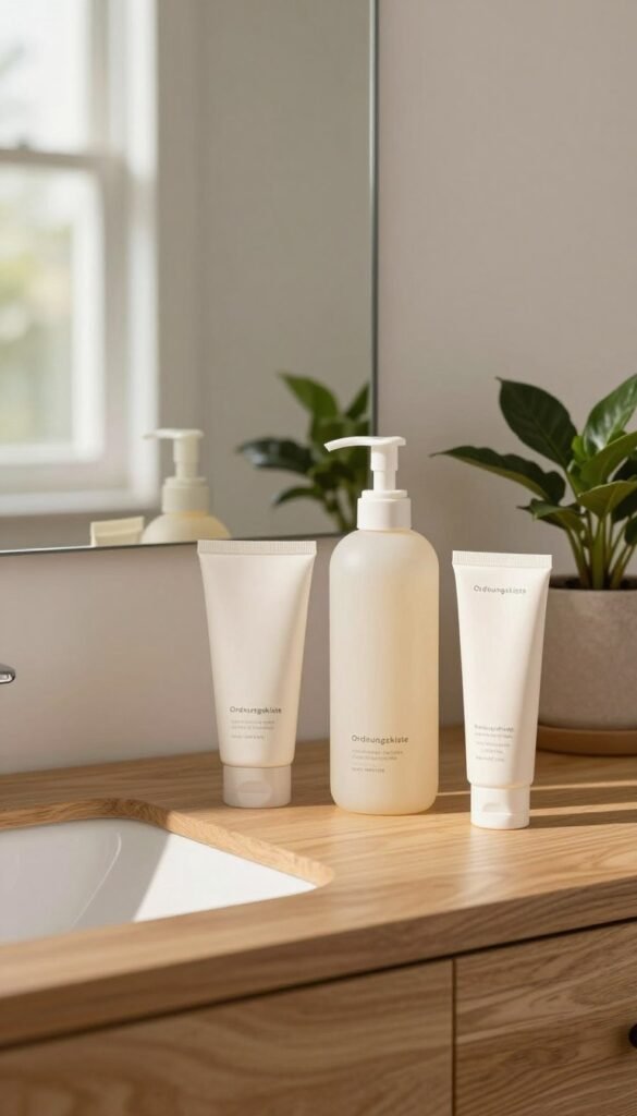 A serene, inviting bathroom scene showcasing a minimal skincare routine setup. In the foreground, a chic wooden vanity displays neatly arranged, aesthetically pleasing skincare products, including a gentle cleanser, moisturizer, and sunscreen, all with elegant, soft packaging. The middle ground reveals a mirror reflecting the calming ambiance, with soft, natural light pouring in from a nearby window, casting warm highlights across the scene. In the background, potted plants add a touch of greenery, enhancing the natural look. The overall mood is soothing and organized, embodying a Pinterest-inspired aesthetic that feels both authentic and approachably simple. Ensure a clean, uncluttered atmosphere while incorporating the brand "Ordnungskiste" subtly within the elegant arrangement of products.