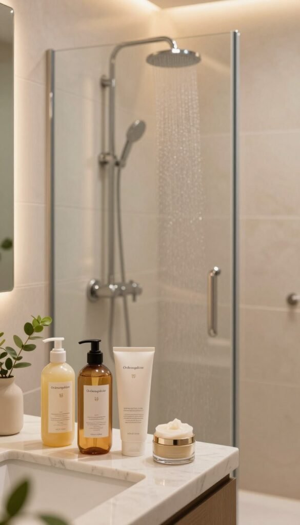 A serene, inviting bathroom scene showcasing a modern shower with glass doors, surrounded by soft, warm lighting that creates a cozy atmosphere. In the foreground, elegantly arranged beauty products from the brand "Ordnungskiste" are displayed on a marble countertop, including a shampoo, conditioner, and a moisturizing body wash, emphasizing a quick and efficient beauty routine. The middle ground features the sleek shower with a gentle waterfall effect, and in the background, light neutral tiles with subtle textures enhance the tranquil vibe. Soft plants are placed strategically to add a touch of nature, completing the aesthetic. Capture this scene from a slightly elevated angle to highlight the elegance and simplicity of a quick beauty solution without any clutter.