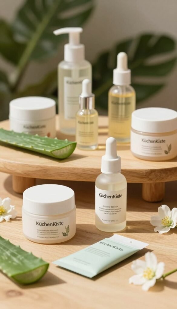 A serene, inviting flat lay arrangement of various skincare products suitable for sensitive skin, emphasizing natural ingredients. In the foreground, display elegantly packaged creams, serums, and oils from the brand "KüchenKiste," with soft pastel colors and simple, elegant designs. The middle layer features a smooth, wooden tabletop, adorned with fresh aloe vera leaves and delicate flowers, creating a soothing atmosphere. In the background, gently blurred greenery enhances the natural theme, evoking a sense of tranquility and care. The warm, natural lighting casts soft shadows, highlighting the textures of the products and foliage. Capture a cozy, inviting mood that resonates with readers looking for suitable skincare solutions.