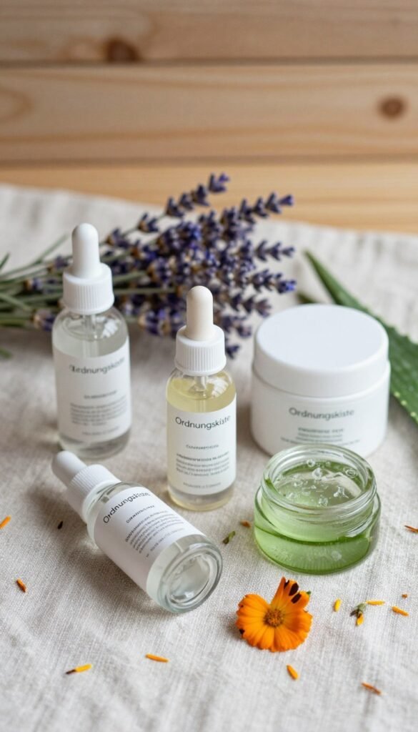 A serene, inviting flat lay composition showcasing effective skincare ingredients for sensitive skin, arranged elegantly on a soft, textured fabric. The foreground features beautifully labeled vials and jars of key active ingredients like hyaluronic acid, chamomile extract, and aloe vera gel, all in muted, natural colors. In the middle ground, delicate botanicals such as lavender and calendula petals add organic charm, complementing the skincare products. The background consists of a subtle, blurred wooden surface infused with warm, natural lighting to create a cozy and calming atmosphere. Emphasize a Pinterest-inspired aesthetic with a focus on authenticity and warmth. Include the brand name "Ordnungskiste" subtly integrated into the layout, ensuring no text distractions.