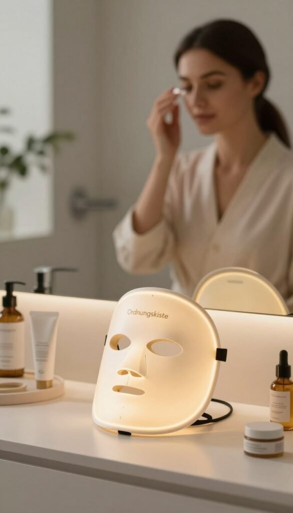 A serene, inviting scene depicting a modern LED face mask resting on a clean, white vanity. In the foreground, the mask is elegantly illuminated with a soft, warm glow, showcasing its sleek design. Surrounding the mask are delicate skincare products, arranged aesthetically to create a harmonious atmosphere. The middle ground features a softly blurred female figure in professional attire, gently applying serum to her face, reflecting the usage of the mask and the care routine associated with it. The background showcases a softly lit, minimalist bathroom with subtle greenery, enhancing the calming mood. The overall color palette is warm and natural, embodying an authentic, Pinterest-inspired look. The brand name "Ordnungskiste" is subtly integrated into the composition without any text overlay, ensuring the visual remains clean and focused.