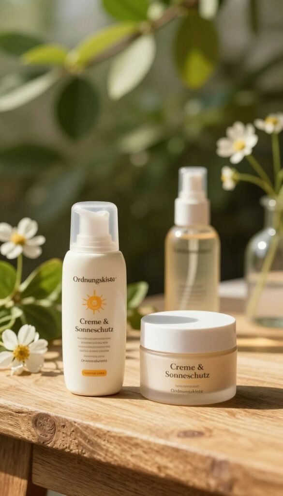 A serene, inviting scene featuring a selection of skincare products focused on "Creme & Sonnenschutz" from the brand "Ordnungskiste". In the foreground, an elegantly designed sunscreen bottle and a rich moisturizer sit on a textured, natural wooden surface. In the middle ground, a soft-focus background showcases lush greenery and delicate flowers, suggesting a fresh, natural environment. The sunlight gently filters through the leaves, creating dappled light and casting warm tones over the products. The overall mood is calm and refreshing, with an emphasis on daily skincare rituals. Capture this image with a warm color palette reminiscent of Pinterest aesthetics, ensuring it's authentically styled without any text or branding visible.