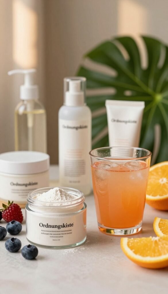 A serene, inviting scene showcasing the concept of collagen in a beauty routine. In the foreground, a stylish, transparent jar filled with collagen powder sits next to a delicate glass of vibrant, refreshing collagen drink, surrounded by fresh fruits like berries and citrus slices. The middle ground features elegantly arranged skincare products labeled "Ordnungskiste," emphasizing natural skincare routine elements, along with lush green leaves symbolizing nature. The background is softly blurred with warm, ambient light filtering through, creating a cozy atmosphere reminiscent of a Pinterest aesthetic. The overall mood is calm and rejuvenating, promoting wellness and natural beauty without any text or distractions, focusing solely on the beauty ingredients.