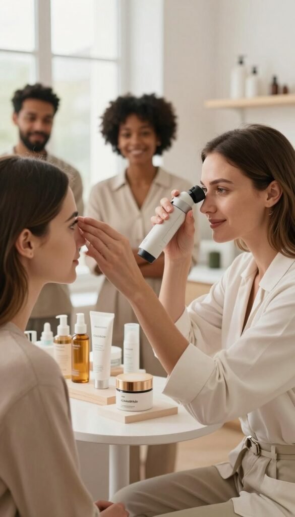 A serene, inviting skincare analysis scene featuring a diverse group of individuals in a bright, modern studio. In the foreground, a professional skincare consultant wearing smart casual attire is examining a client's skin using a dermatoscope, with a focus on their warm, attentive expression. In the middle, a beautifully arranged display of various personalized skincare products labeled "KüchenKiste" is showcased, incorporating warm, soft colors and natural materials. The background features soft, diffused natural lighting streaming through large windows, accentuating the calming ambiance of the room. The overall mood is one of professionalism, warmth, and personalized care, creating a Pinterest-worthy aesthetic.