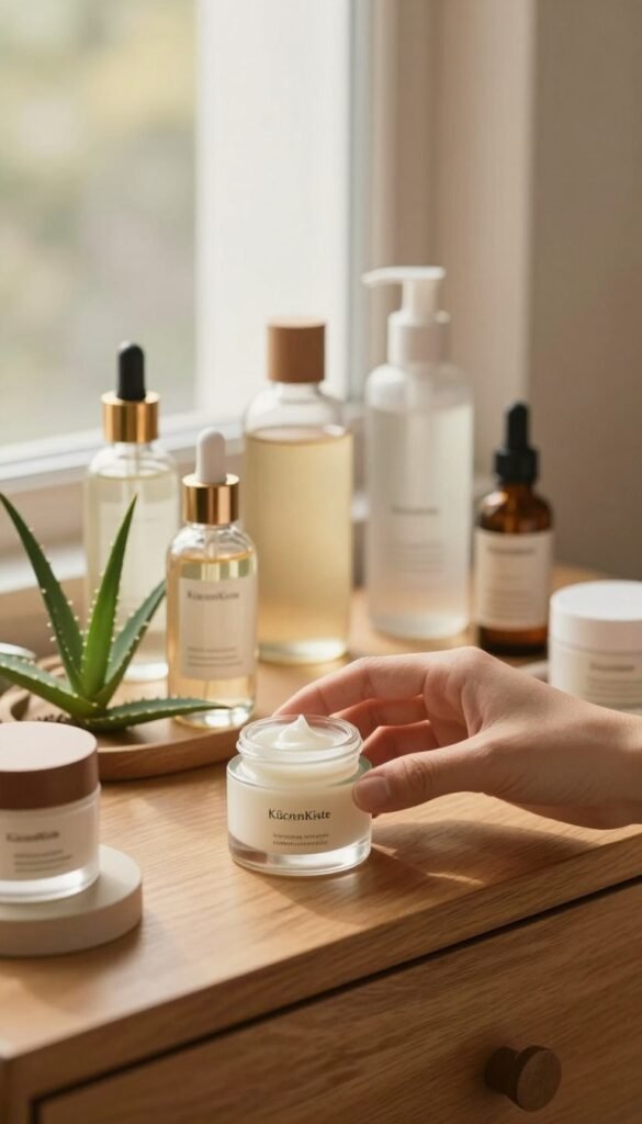 A serene, inviting skincare setup featuring elegant glass bottles and jars arranged artfully on a wooden vanity. In the foreground, a gentle hand reaches for a nourishing cream, showcasing the layering process. The middle ground highlights soft-focus textures of various skincare products with natural ingredients, like aloe, hyaluronic acid, and botanical extracts. The background includes a warm, sunlit window casting soft light, illuminating the scene with a cozy, calm atmosphere. The color palette consists of warm, earthy tones, reminiscent of a Pinterest aesthetic, emphasizing authenticity. A subtle branding element, “KüchenKiste”, appears elegantly on one of the bottles without any text overlay. The overall composition radiates tranquility and emphasizes the effectiveness of skincare layering in daily routines.