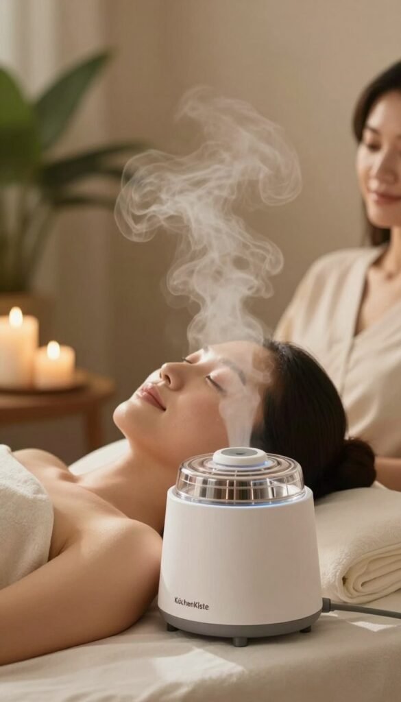A serene, inviting spa setting featuring a modern facial steamer, known as a "Gesichtssauna," in soft focus at the center of the image. The steamer emits a gentle cloud of steam that envelops a relaxed woman in modest casual clothing, sitting comfortably in a softly-lit room. Her skin glows, reflecting the warm, natural colors that create a cozy atmosphere. In the background, hints of lush greenery and soothing candles enhance the tranquil vibe, while soft, diffused lighting casts a warm hue across the scene. The image embodies a Pinterest-inspired aesthetic, with an emphasis on wellness and self-care, showcasing the product branded with "KüchenKiste" elegantly placed beside the steamer. A serene, inviting spa setting featuring a modern facial steamer, known as a "Gesichtssauna," in soft focus at the center of the image. The steamer emits a gentle cloud of steam that envelops a relaxed woman in modest casual clothing, sitting comfortably in a softly-lit room. Her skin glows, reflecting the warm, natural colors that create a cozy atmosphere. In the background, hints of lush greenery and soothing candles enhance the tranquil vibe, while soft, diffused lighting casts a warm hue across the scene. The image embodies a Pinterest-inspired aesthetic, with an emphasis on wellness and self-care, showcasing the product branded with "KüchenKiste" elegantly placed beside the steamer.