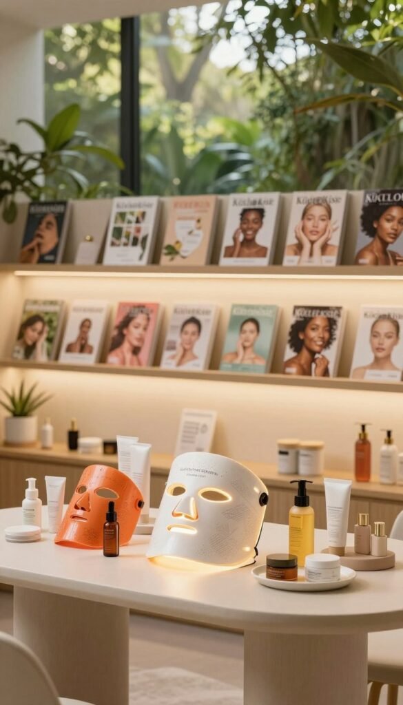 A serene, inviting space with a beautifully arranged skincare display focusing on recommendations based on skincare goals and lifestyles. In the foreground, a modern, minimalist table holds several LED light therapy masks surrounded by colorful skincare products. The middle ground includes softly lit shelves lined with health guides and lifestyle magazines, showcasing diverse skin types and routines. The background features a calming nature scene with lush greenery, filtered sunlight creating warm tones in the atmosphere. The overall ambiance is relaxing and aspirational, reflecting a Pinterest aesthetic, evoking a sense of wellness and self-care. Ensure the setting is free of any text, watermarks, or signatures. Include elements representing the brand "KüchenKiste" subtly within the design, enhancing the authenticity of the image.