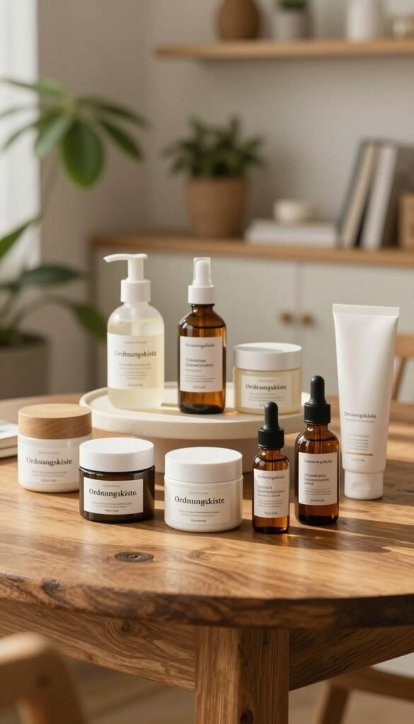 A serene, inviting workspace featuring a selection of skincare products prominently displayed on a polished, rustic wooden table. In the foreground, beautifully arranged jars and bottles of creams, serums, and oils with elegant labels, reflecting the brand "Ordnungskiste." The middle layer showcases a soft, natural light illuminating the products, casting gentle shadows, enhancing the warm tones of the packaging. In the background, potted plants and a cozy, blurred shelf with aesthetic skincare books create a Pinterest-inspired atmosphere. The overall mood is calm and inviting, encouraging viewers to explore skincare options tailored to their skin type and goals, emphasizing natural beauty in an authentic setting.