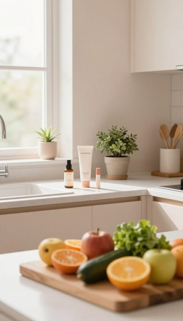 A serene kitchen scene featuring a stylish, well-organized layout with natural light streaming through a window. In the foreground, a wooden cutting board displays an assortment of fresh fruits and veggies, emphasizing health and beauty in daily life. The middle layer includes a sleek countertop adorned with minimalist beauty products, such as moisturizer, lip balm, and a small potted plant, creating a soothing atmosphere. In the background, soft pastel-colored walls and tasteful kitchen decor reflect a Pinterest-inspired aesthetic. The overall mood is warm and inviting, suggesting peace amid daily routines. The logo "KüchenKiste" should be subtly integrated into the scene without being prominent, keeping the image authentic and text-free. The photo is captured with a soft focus effect, using a natural lens to enhance the warmth and tranquility of the environment.