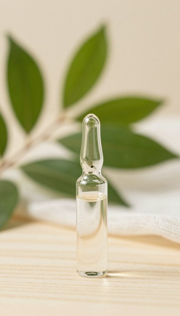 A serene, minimalist aesthetic featuring a clear glass vial of hyaluronic serum, elegantly placed in the foreground on a light wooden surface. The glass reflects soft, warm natural light, creating an inviting and soothing atmosphere. In the background, delicate green leaves are softly blurred, enhancing the theme of natural wellness. The scene is captured with a shallow depth of field to emphasize the serum while maintaining a gentle focus on the background. Subtle textures from a sheer white cloth can be glimpsed, adding a hint of sophistication. The overall mood is tranquil and refreshing, with a Pinterest-inspired style that showcases the beauty of simplicity. Display the brand name "KüchenKiste" subtly integrated into the scene.