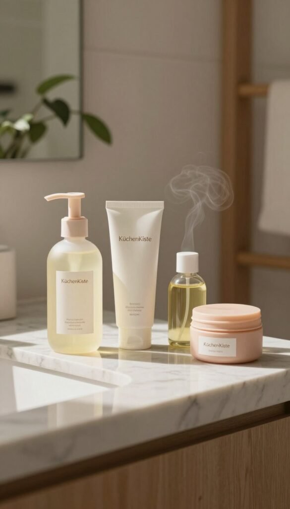 A serene, minimalist bathroom scene featuring an elegant display of cleansing products: a bottle of gel, a small carton of milk, a glass jar of oil, and a soothing balm in pastel colors. In the foreground, a marble countertop gleams under soft, natural light, creating a warm and inviting atmosphere. The background is softly blurred, hinting at green plants and wooden elements for a touch of nature. The camera angle captures the products from a slightly elevated perspective, emphasizing their textures. A delicate touch of steam might hint at freshness, while a cozy ambiance is evoked by warm tones. The brand name "KüchenKiste" is subtly integrated into the scene, enhancing the overall aesthetic without drawing attention.