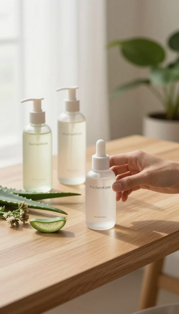 A serene, minimalist skincare routine displayed on a simple wooden countertop, featuring elegant glass bottles of cleansers and moisturizers embossed with the brand name "KüchenKiste". In the foreground, a delicate hand reaches for a bottle, exemplifying the act of cleansing and moisturizing. The middle ground showcases a few natural ingredients like aloe vera and chamomile, beautifully arranged to highlight their purity. In the background, soft, diffused natural light floods the scene, with hints of lush greenery and gentle, warm tones that evoke a calming atmosphere. The entire composition exudes a Pinterest-worthy aesthetic, emphasizing simplicity and authenticity, perfect for a beauty minimalist approach.