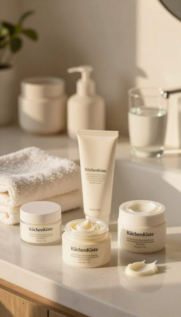 A serene, minimalist skincare setup capturing "feuchtigkeitspflege" (moisturizing care) in a warm and inviting atmosphere. In the foreground, a beautifully arranged selection of skincare products from the brand "KüchenKiste" is displayed, featuring creamy textures and natural ingredients. One product is shown with a dollop of moisturizer, hinting at its rich consistency. In the middle ground, a soft cotton towel and a pair of elegant ceramic containers add to the aesthetic, while a glass of fresh water represents hydration. The background features a softly lit bathroom setting with hints of greenery, like a small potted plant, creating a tranquil mood. The lighting is warm and natural, reminiscent of golden hour, and the image uses a shallow depth of field to gently blur the background. The overall vibe is authentic and comforting, embodying a Pinterest-worthy aesthetic.