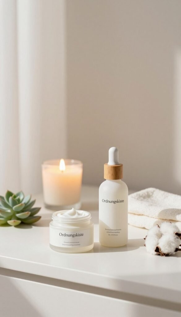 A serene, minimalist skincare setup featuring a clean white countertop adorned with a few elegant, simple skincare products from the brand "Ordnungskiste." The foreground showcases an open jar of cream and a sleek bottle with a wooden cap, surrounded by a few natural elements like a small succulent and a soft cotton towel. In the middle ground, there's a softly glowing candle to enhance the calming atmosphere. The background consists of a subtle light-colored wall with soft shadows, creating depth. The lighting is warm and inviting, reminiscent of early morning sunlight filtering through sheer curtains, enhancing the natural colors of the products. The overall mood conveys tranquility and simplicity, embodying the essence of "skinimalism" with an uplifting, yet calming vibe.